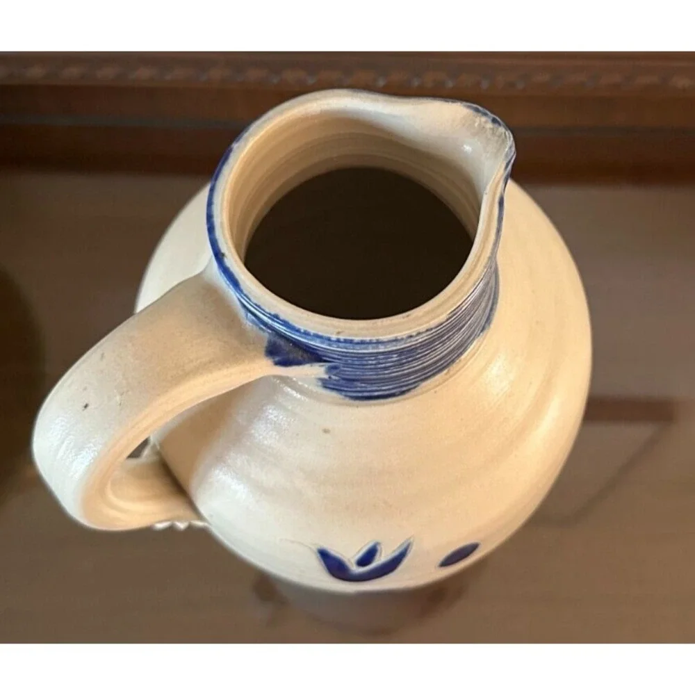 Unmarked Stoneware Salt Glaze Blue Floral & Striped 10.5